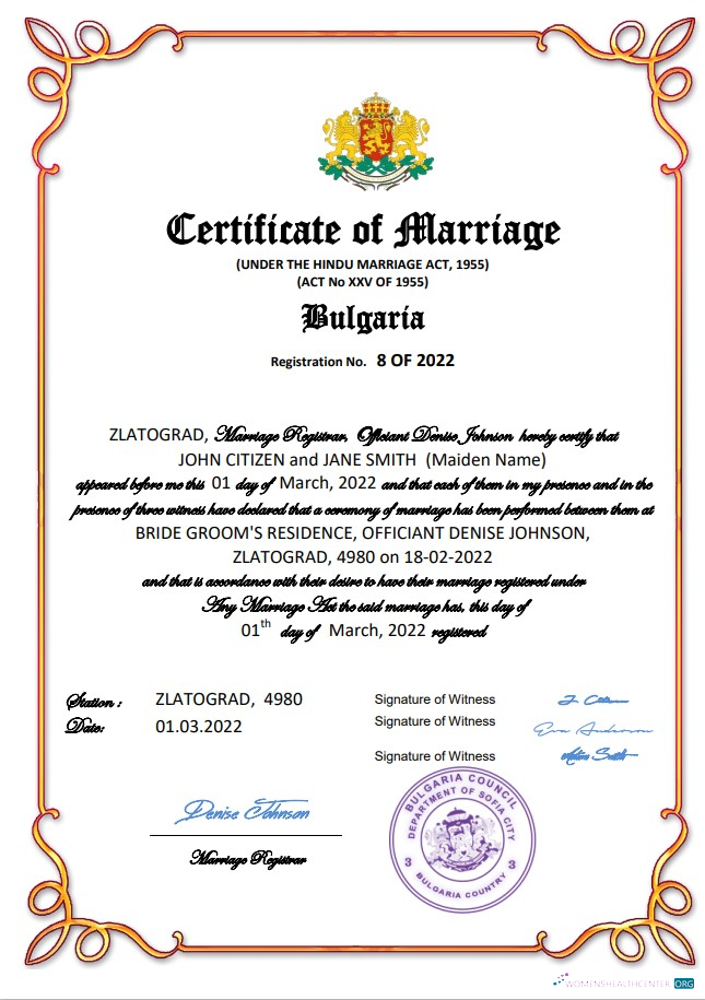 Download Bulgaria marriage certificate Word and PDF template Photoshop template
